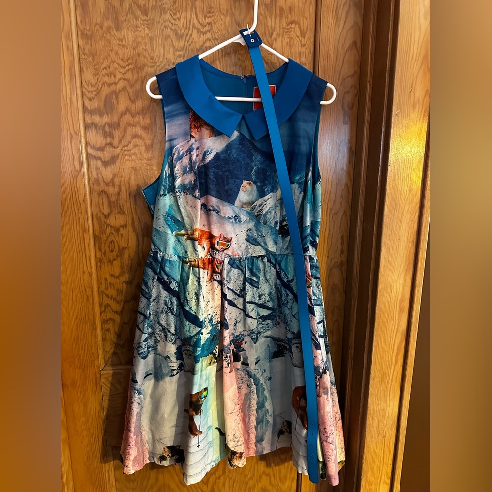 Modcloth Whimsy Without End Ski Snow Cat Fit & Flare Belted Midi Dress